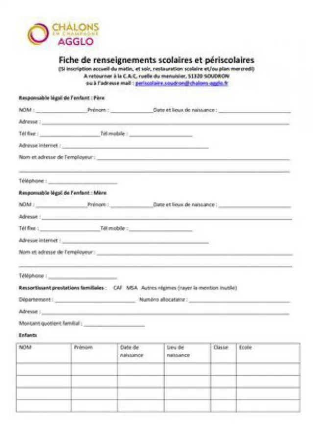Fiche De Renseignements Scolaires Et Periscolaires SOUDRON